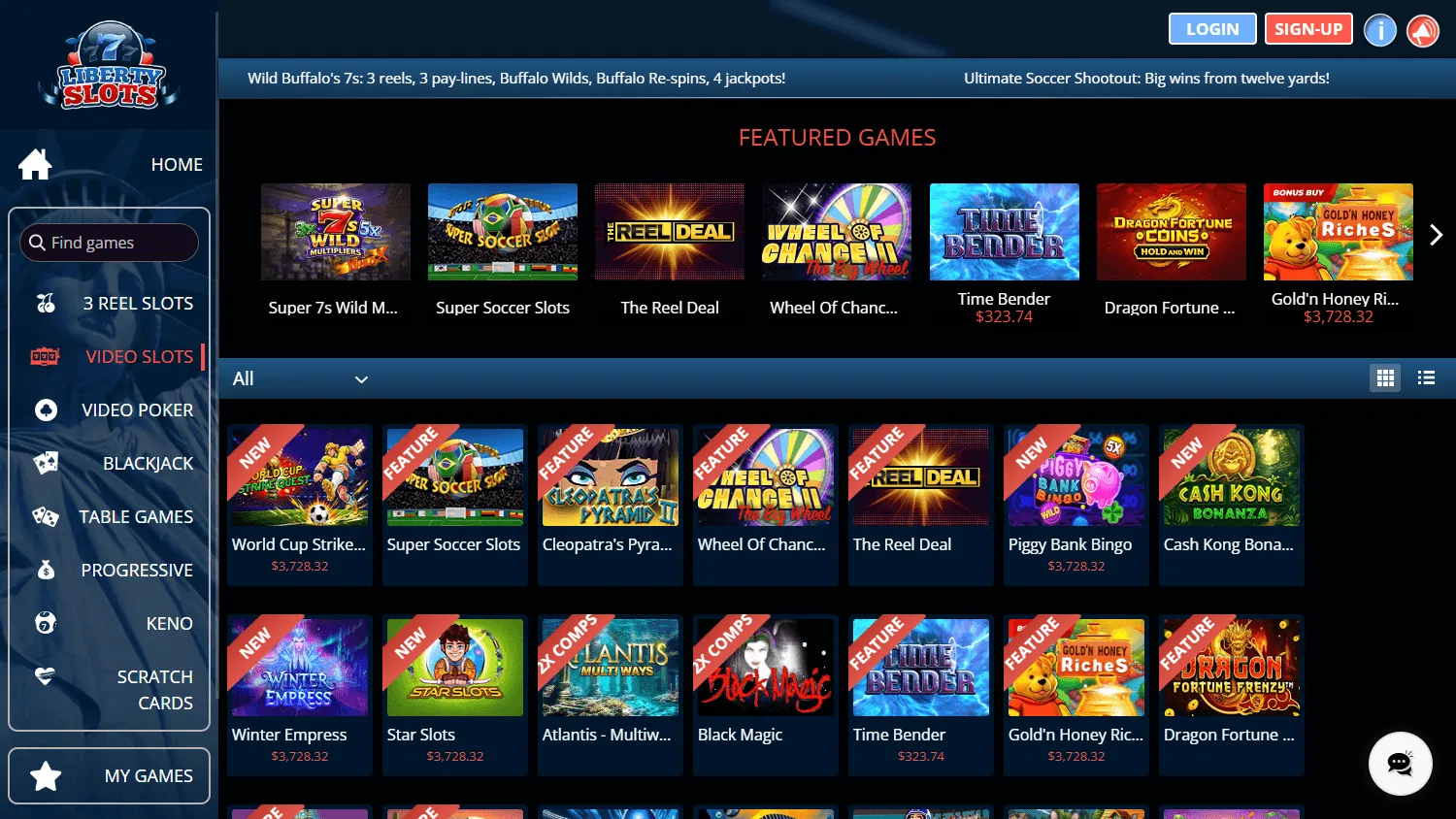Liberty Slots Casino desktop game library with slot and casino titles