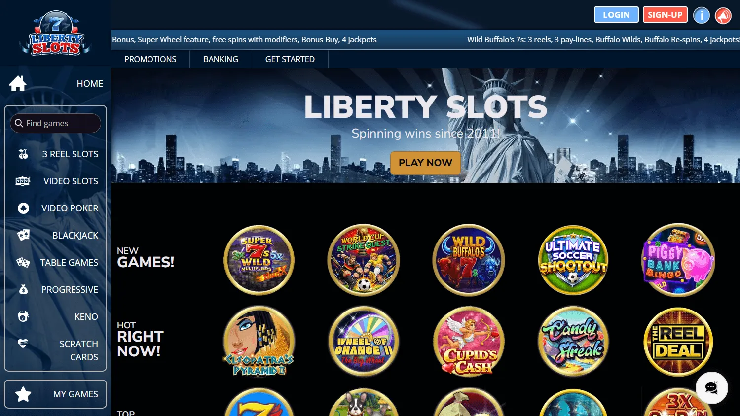 Liberty Slots Casino desktop games area with casino game choices