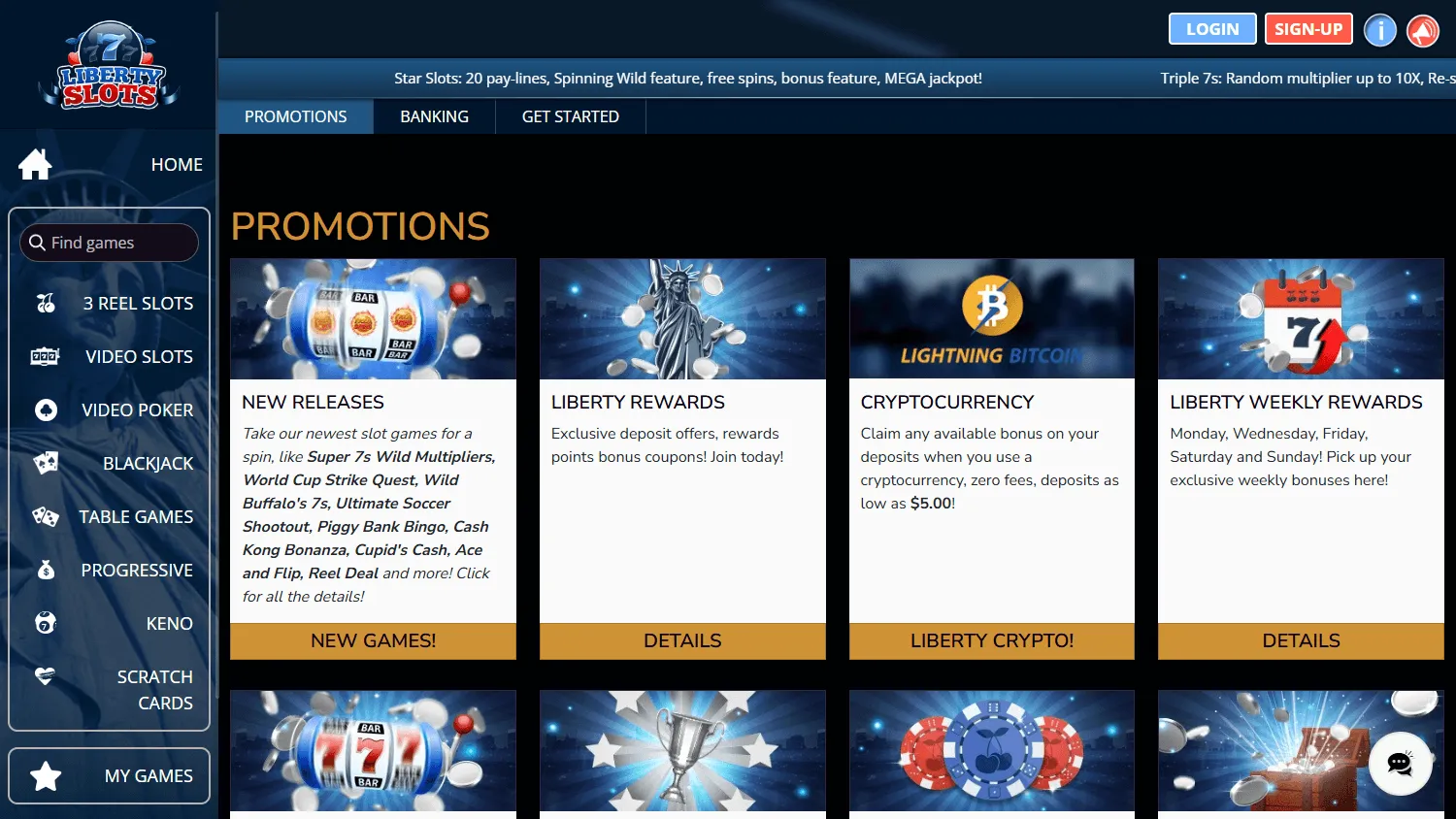 Liberty Slots Casino desktop promotions area with bonus offers